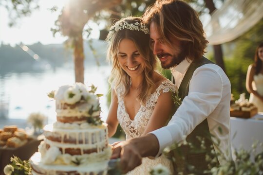 A photo capturing the moment as the bride and groom cut their wedding cake, symbolizing the start of their life together.