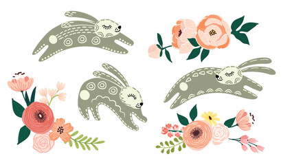 Easter collection of cute rabbit and flowers.Cartoon jumping animals and floral compositions set.Decorated elements for use in postcard,poster,banner,stickers.Vector hand drawn illustration on white.
