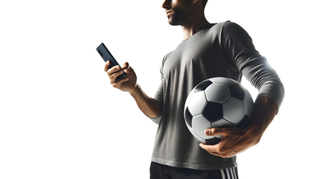 man hold soccer ball an use mobile phone isolated on transparent background