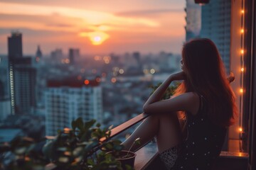 Fototapeta premium A woman calmly sits on a window sill, looking out at the bustling city.