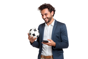 man hold soccer ball an use mobile phone isolated on transparent background