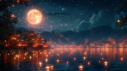 Glowing Lights on the Water A Magical Nighttime Scene Generative AI