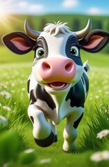 Cartoon style. A cartoon cow with big eyes runs through a green meadow, laughs, wind, sun, blurred background 