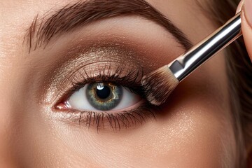 A makeup artist is applying eyeshadow on a young beautiful woman
