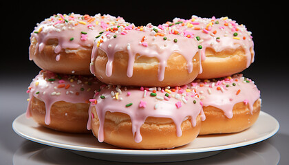 Gourmet donut stack, tempting indulgence of sweet, colorful joy generated by AI