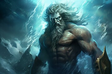 Awe-inspiring Poseidon sea god. Neptune sea. Generate Ai