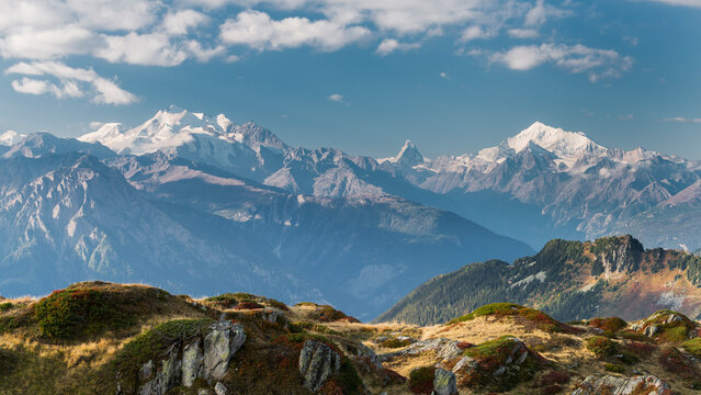 Dom, Matterhorn, Weisshorn, von der Moosfluh, Wallis, Schweiz