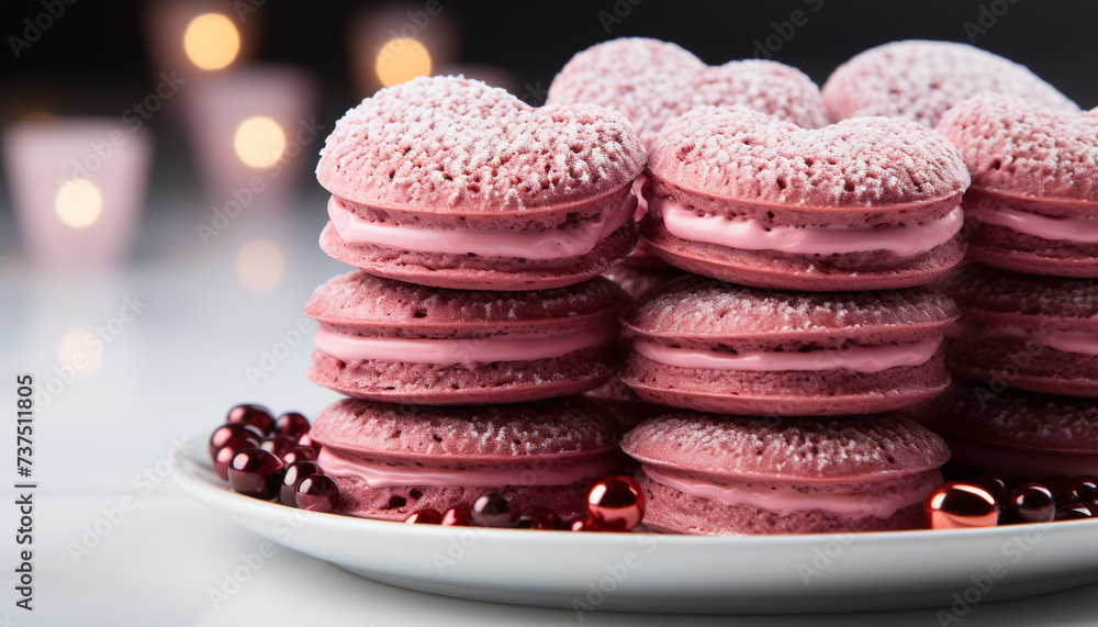Poster a close up of a stack of colorful macaroons on a plate generated by ai