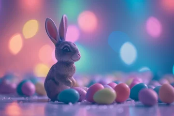 Foto op Aluminium Happy Easter Eggs Basket cute. Bunny in flower easter cheerful decoration Garden. Cute hare 3d ray tracing easter rabbit spring illustration. Holy week resurrection card wallpaper carnations © Leo