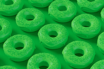 Isometric view of glazed donut with sprinkles on plain monochrome green color