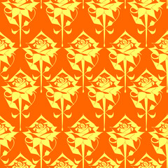 seamless graphic floral pattern yellow roses on orange background, texture, design