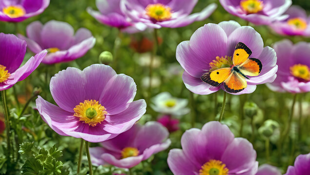 bright colorful orange butterfly on pink anemone flowers in the garden
