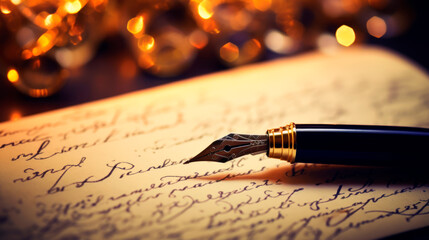 Fototapeta premium A golden pen glides across paper under candlelight, casting an intimate and retro atmosphere where thoughts are woven into words, marrying tradition with the warmth of the moment.