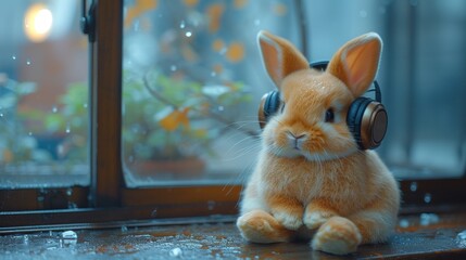 Charming Plush Bunny with Headphones Illustration Generative AI - obrazy, fototapety, plakaty