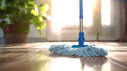 Clean the floor with a blue mop