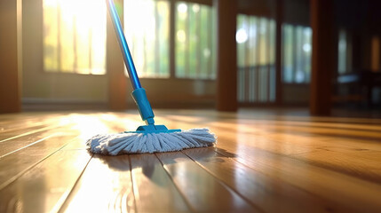 Clean the floor with a blue mop