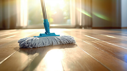 Clean the floor with a blue mop