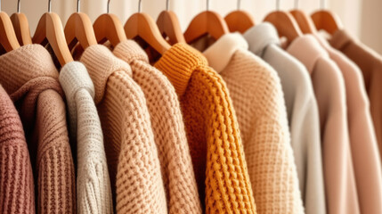 Sweaters hanging in the closet, Knitted clothes - obrazy, fototapety, plakaty