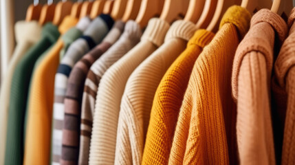 Sweaters hanging in the closet, Knitted clothes