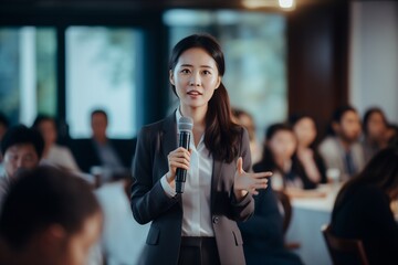 Asian businesswoman making a business presentation at a seminar - Powered by Adobe