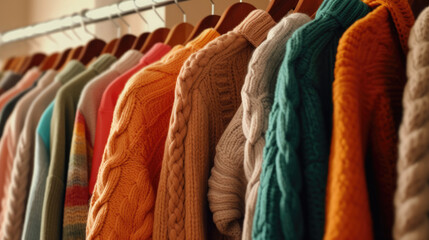 Sweaters hanging in the closet, Knitted clothes