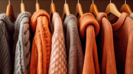 Sweaters hanging in the closet, Knitted clothes - obrazy, fototapety, plakaty