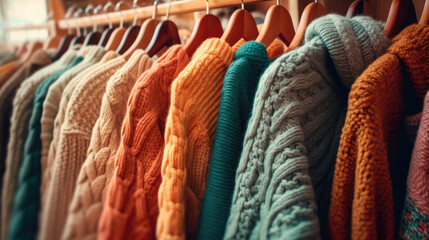 Sweaters hanging in the closet, Knitted clothes