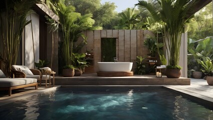 Luxurious Serenity: An Outdoor Bathroom Oasis with a Freestanding Bathtub, Reflective Pool, and Lush Greenery, generative AI