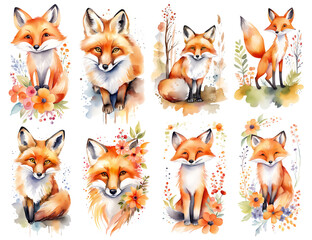 Vector set of fox in the woods. Fox hand painted watercolor illustration isolated on white background