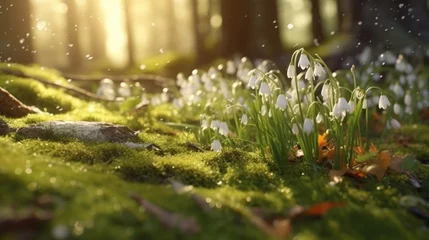 Gordijnen Natural spring with delicate snowdrop flower buds in the forest © didiksaputra