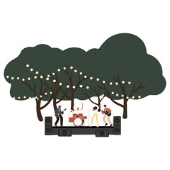 Summer music festival vector illustration, people spending time at Open-air concert at park, singer, guitarist, drummer playing on stage clipart, people dancing, enjoying drink at food truck clip art.