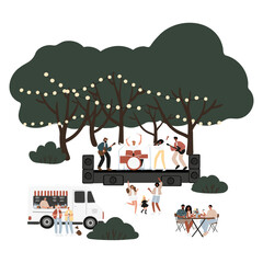 Summer music festival vector illustration, people spending time at Open-air concert at park, singer, guitarist, drummer playing on stage clipart, people dancing, enjoying drink at food truck clip art.