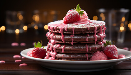 A homemade gourmet dessert stack of chocolate pancakes with fresh berries generated by AI - obrazy, fototapety, plakaty