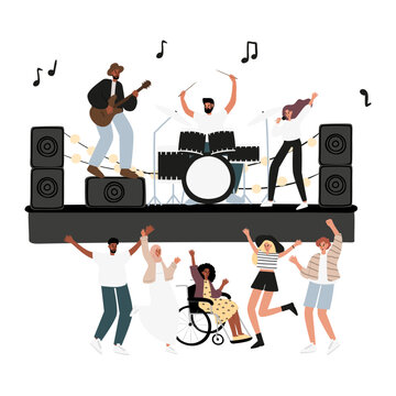 Summer music festival vector illustration, people spending time at Open-air concert at park, singer, guitarist, drummer playing on stage clipart, people dancing, enjoying drink at food truck clip art.