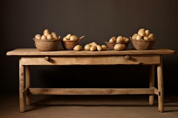 Grainy Potatoes wooden table. Wooden nature. Generate Ai