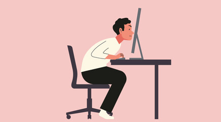 Businessman Sitting at Computer Desk in Busy Office, Focused on Work, Office Syndrome Concept, Vector Flat Illustration Design
