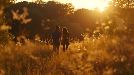 Obraz na płótnie Canvas Couple walking on sunset