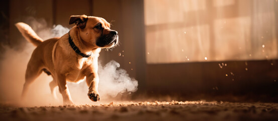 Attentive dog trotting inside a dusty barn with beams of sunlight breaking through, evoking...