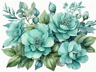 Mint blue floral illustration. Watercolor intricate blooms.