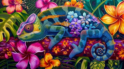 Whimsical Chameleon with Shifting Colors on Vibrant Jungle Canvas Generative AI