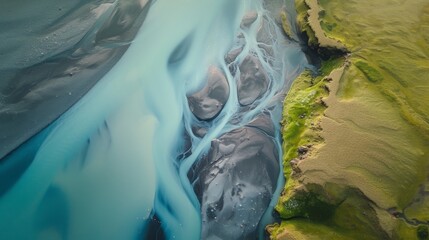 Iceland Landscape with River from Drone Perspective Generative AI - obrazy, fototapety, plakaty