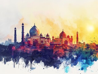 Panoramic view illustration of Lahore city with Badshahi Mosque Generative AI - obrazy, fototapety, plakaty
