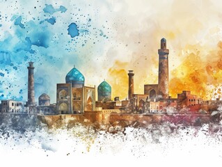 Watercolor Illustration of Ancient City of Bukhara in Uzbekistan with Historic Buildings Generative AI - obrazy, fototapety, plakaty