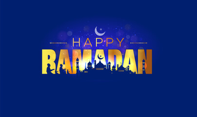 Eid Mubarak or Happy Ramadan Kareem greeting design. Golden text with Islamic Muslim mosque and prayer background.