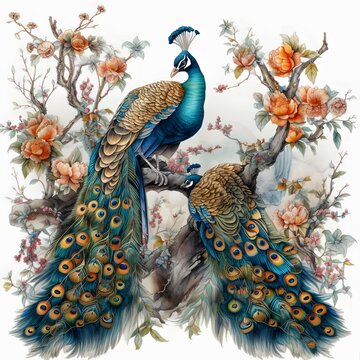 a hyper-realistic detailed illustration of vintage Chinese silk embroidery, decorated with hand-painted gorgeous peacocks scenery, isolated on white background with margins, cut-out images, watercoor