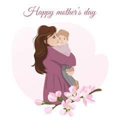 Mothers Day. The baby is in mom's arms. A postcard to Mom. Apple blossoms. Spring. Women's day