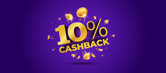 Vector illustration of 10% cashback with money golden coins. 3d text, Cash back offer, saving, sale, discount, logo concept. Banner poster design. Money gold deals design.