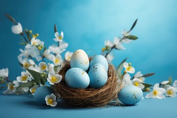 Easter eggs in a nest with cherry blossoms. Blue background. Moody atmospheric image.
