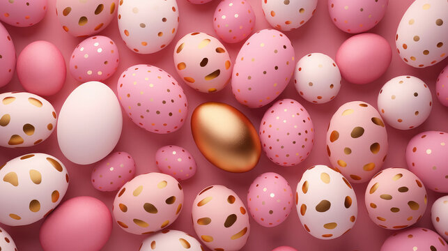 Happy easter. Many Pink and golden easter eggs on pink background. Close up. Top view.