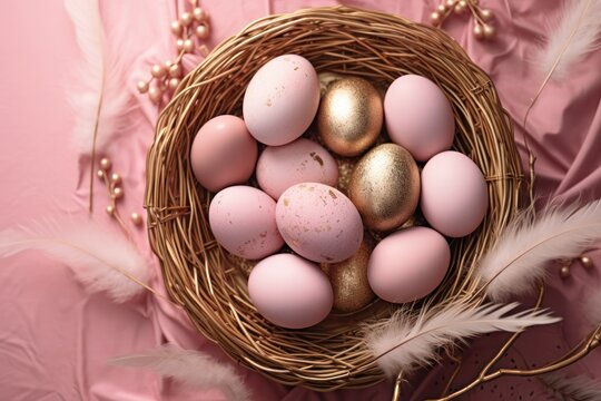 Golden, white and pink Easter eggs in in a golden nest with feathers on pink background. flay lay, close-up. Easter concept, Easter eggs.